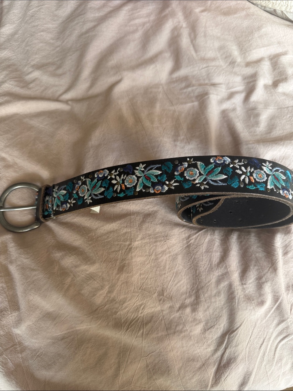 Lucky Brand Black Embroidered Floral Leather Belt XS Boho